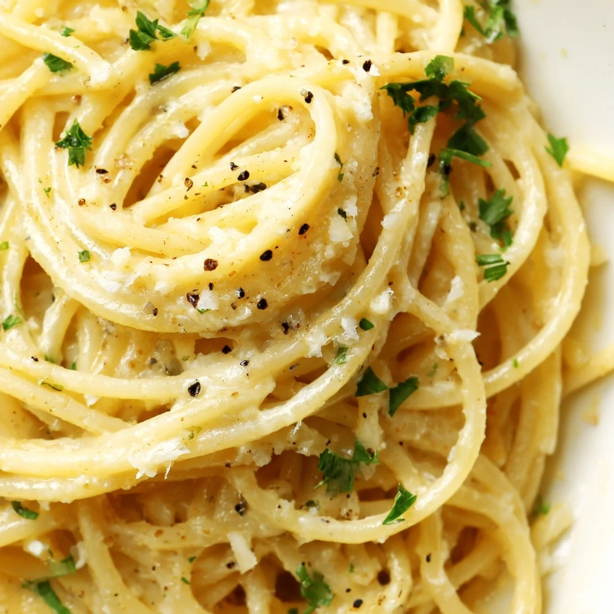 Steaming plate of Parmesan Lemon Pasta garnished with extra cheese and bright zest