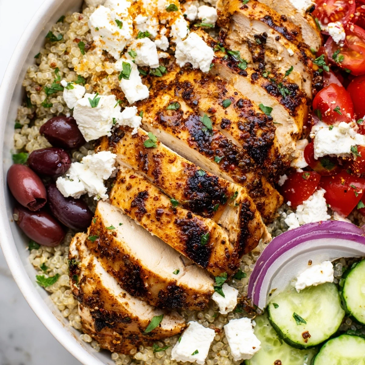 Colorful Mediterranean chicken quinoa bowl featuring juicy sliced chicken, crisp cucumbers, and zesty lemon dressing