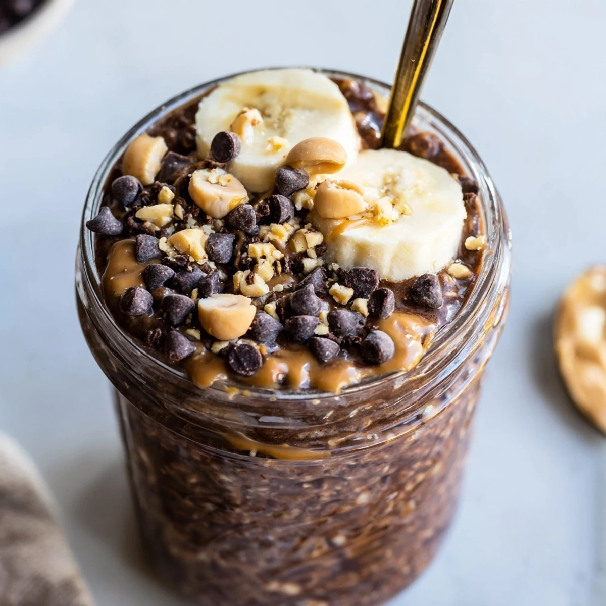 Creamy chocolate peanut butter overnight oats topped with chocolate chips in a glass jar