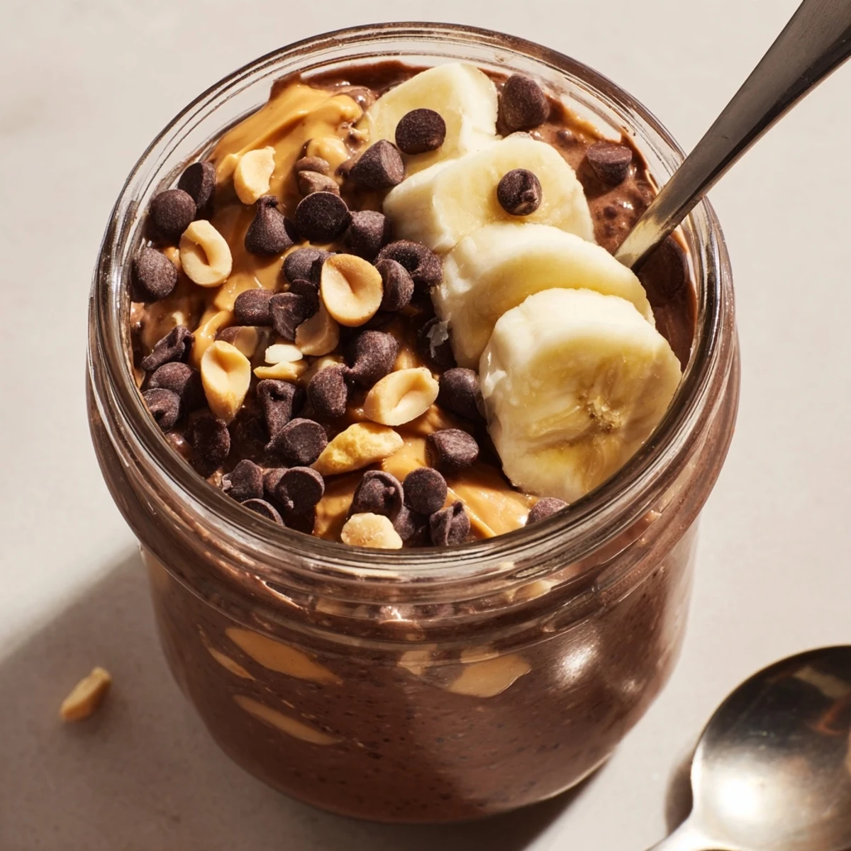 Thick chocolate peanut butter overnight oats served in mason jars with chopped peanuts