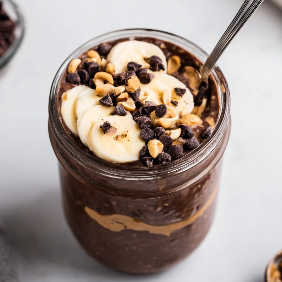 Rich chocolate peanut butter overnight oats layered with Greek yogurt and fresh banana slices