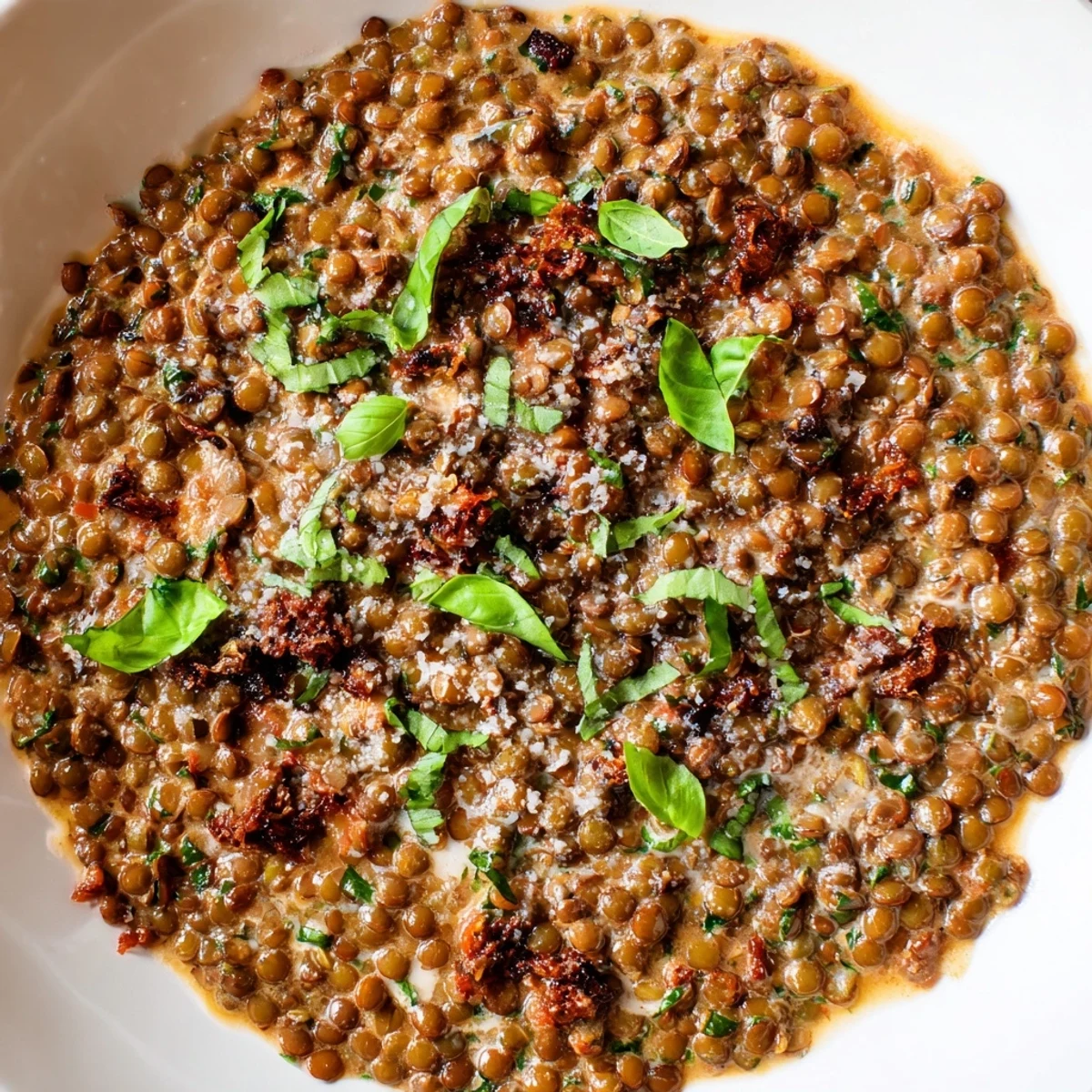 Creamy Marry Me Lentils in rich sun-dried tomato sauce topped with fresh basil garnish