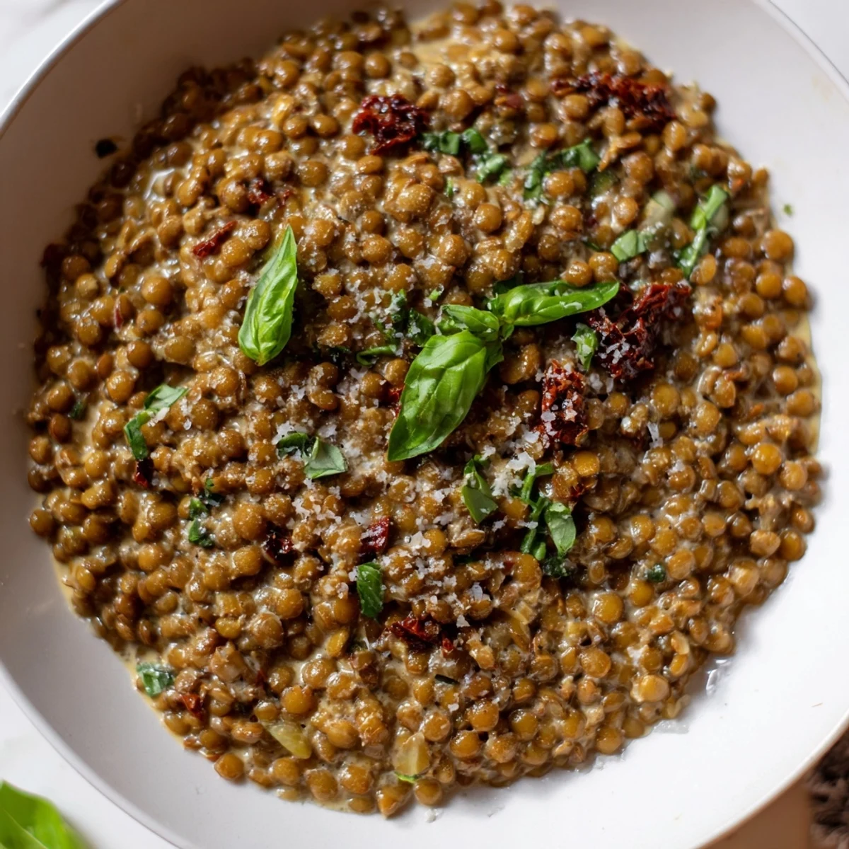 Golden creamy Marry Me Lentils simmered with herbs in a velvety tomato cream sauce