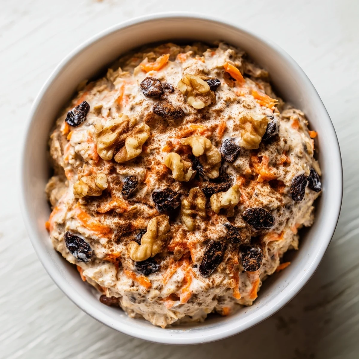 Creamy carrot cake overnight oats in a mason jar topped with crunchy walnuts and cinnamon