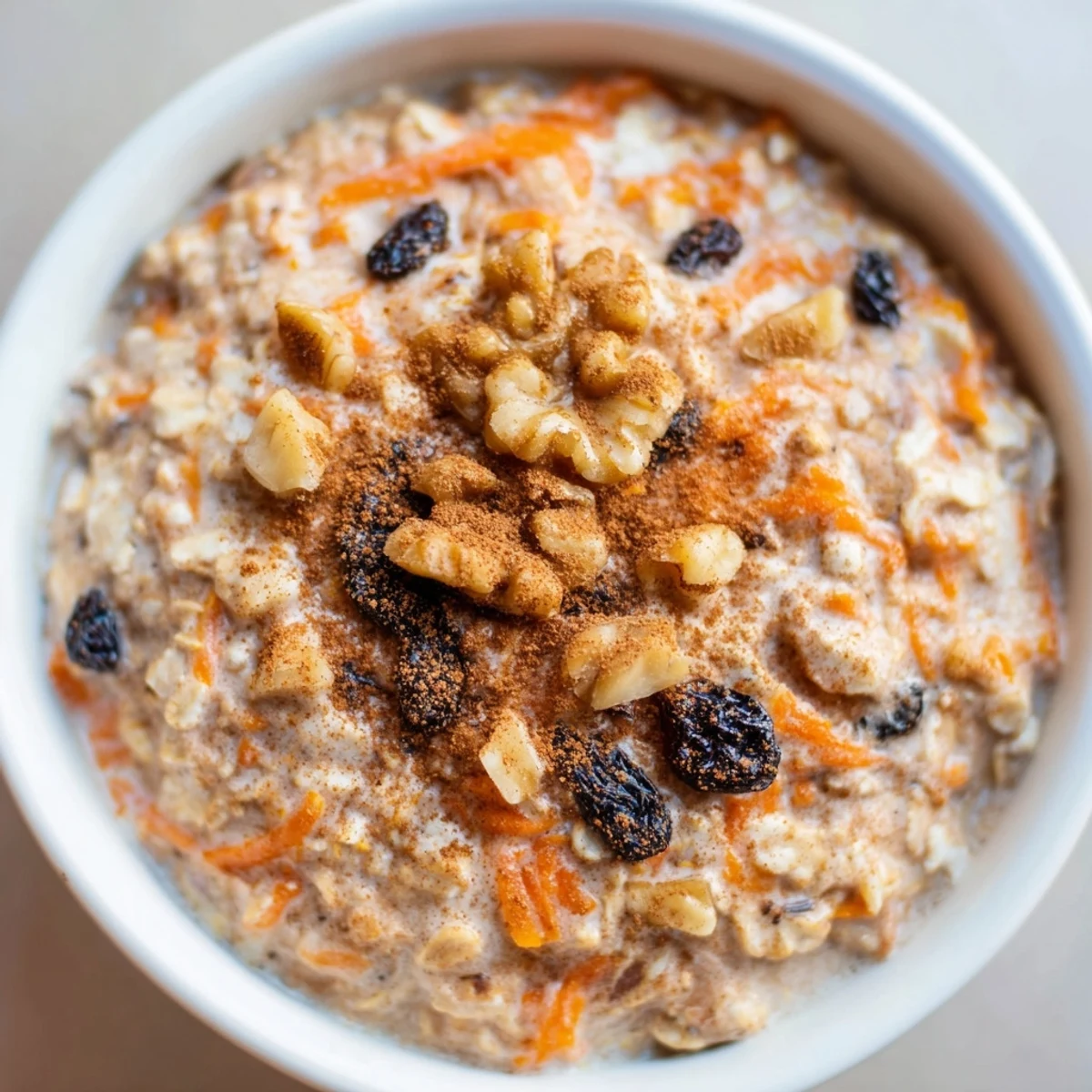 Carrot cake overnight oats with grated carrots, raisins, and a dollop of Greek yogurt
