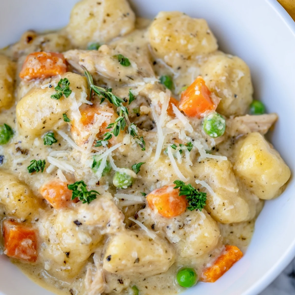Creamy one pot gnocchi chicken pot pie topped with fresh parsley in cast iron skillet