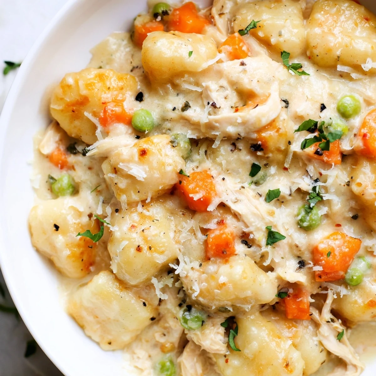 One pot gnocchi chicken pot pie with tender vegetables and golden savory sauce