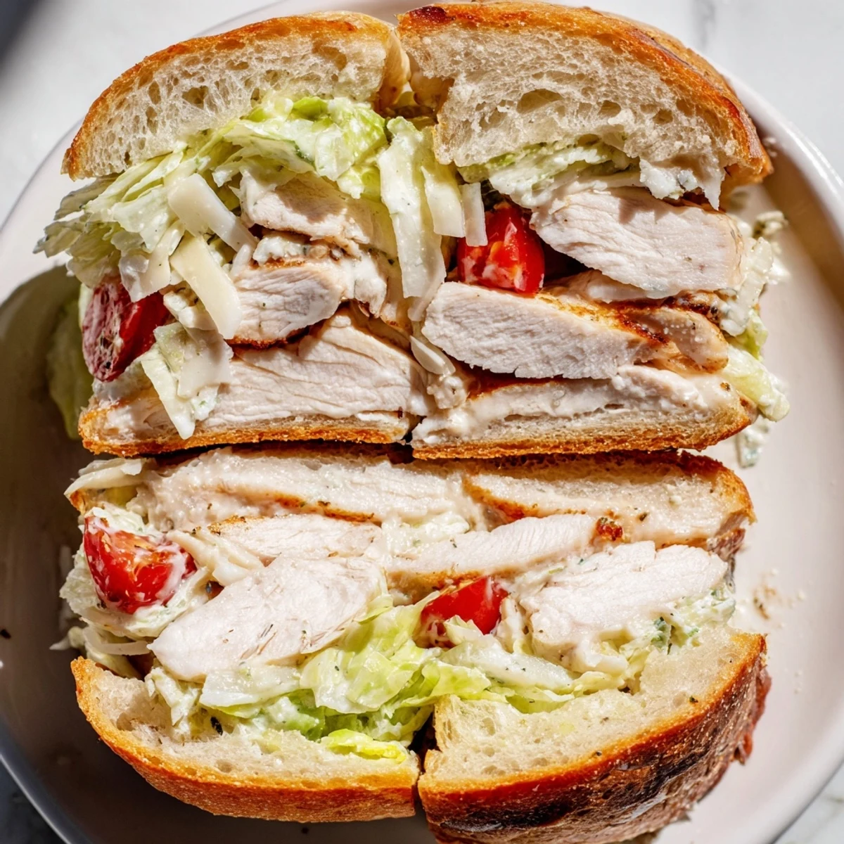 Golden toasted ciabatta rolls filled with sliced grilled chicken Caesar sandwich and crisp romaine lettuce