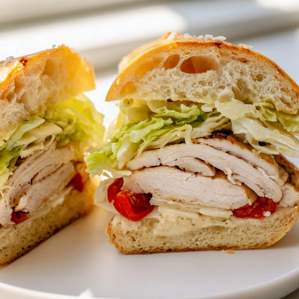 Juicy grilled chicken Caesar sandwich layered with creamy dressing, shaved Parmesan, and fresh shredded lettuce