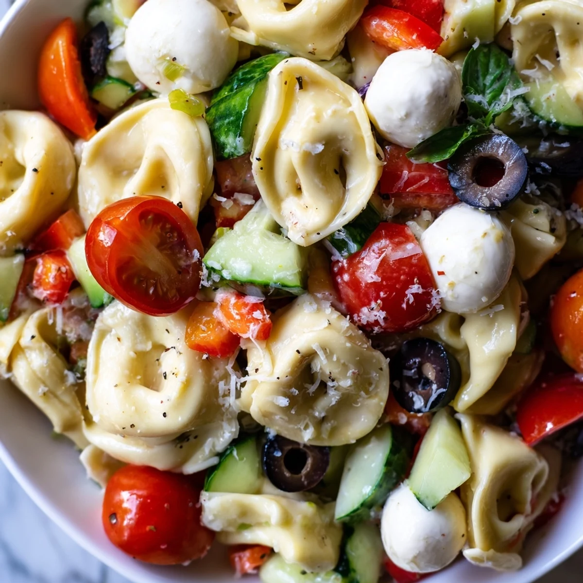 Colorful tortellini salad tossed with crisp vegetables and zesty Italian dressing in a serving bowl