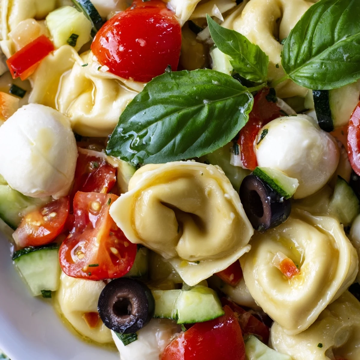 Creamy tortellini salad garnished with basil and Parmesan, ready for a summer picnic spread