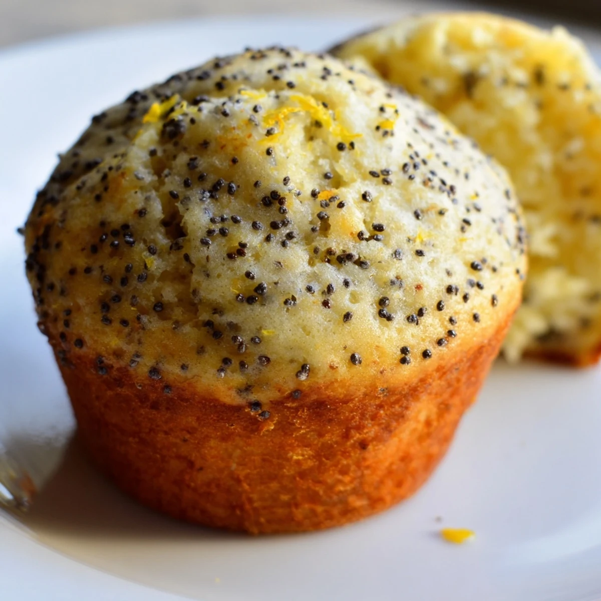 Golden lemon poppy seed muffins with domed tops nestled in white paper liners on a rustic baking sheet.
