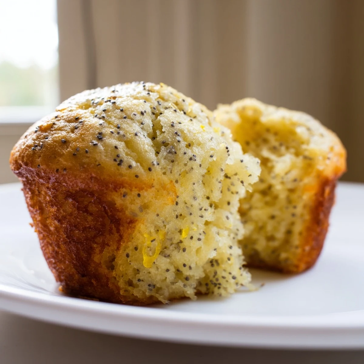 Moist lemon poppy seed muffins speckled with tiny black seeds and flecks of bright yellow citrus zest.