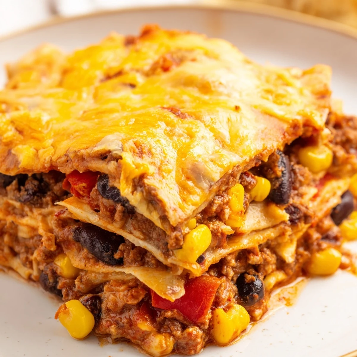 Steaming Mexican lasagna fresh from the oven reveals gooey cheese and colorful fillings