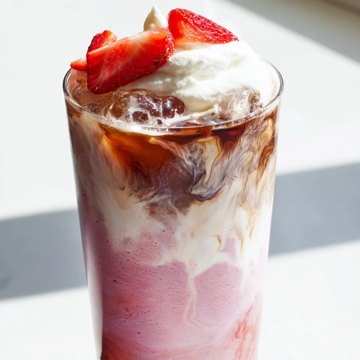 Creamy strawberry cold latte in a tall glass with swirled pink layers and ice
