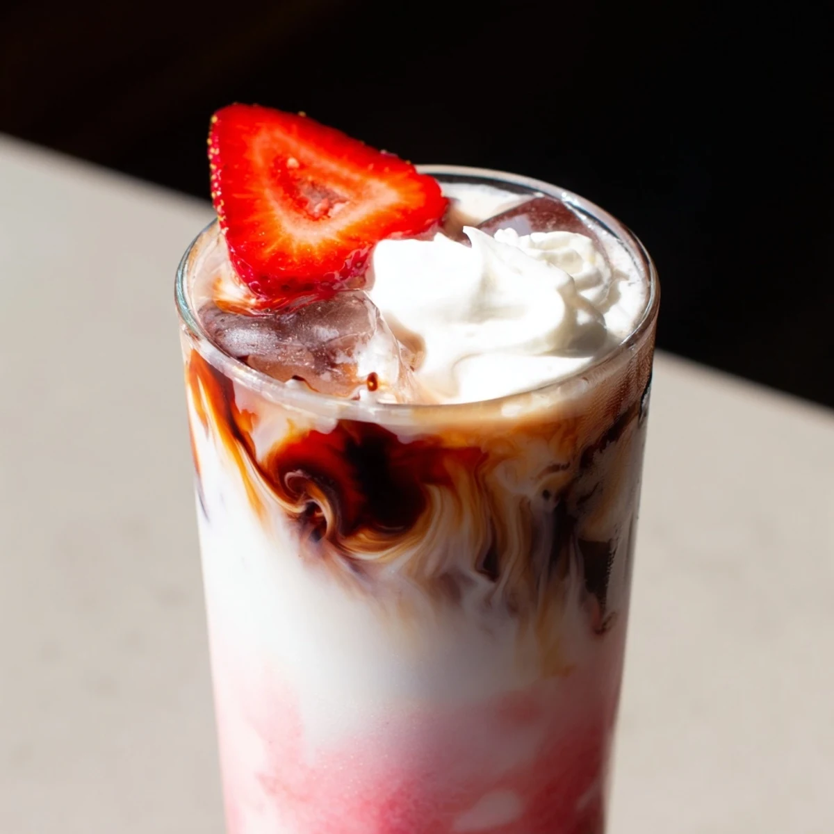 Iced strawberry cream latte topped with fluffy whipped cream and fresh berry garnish