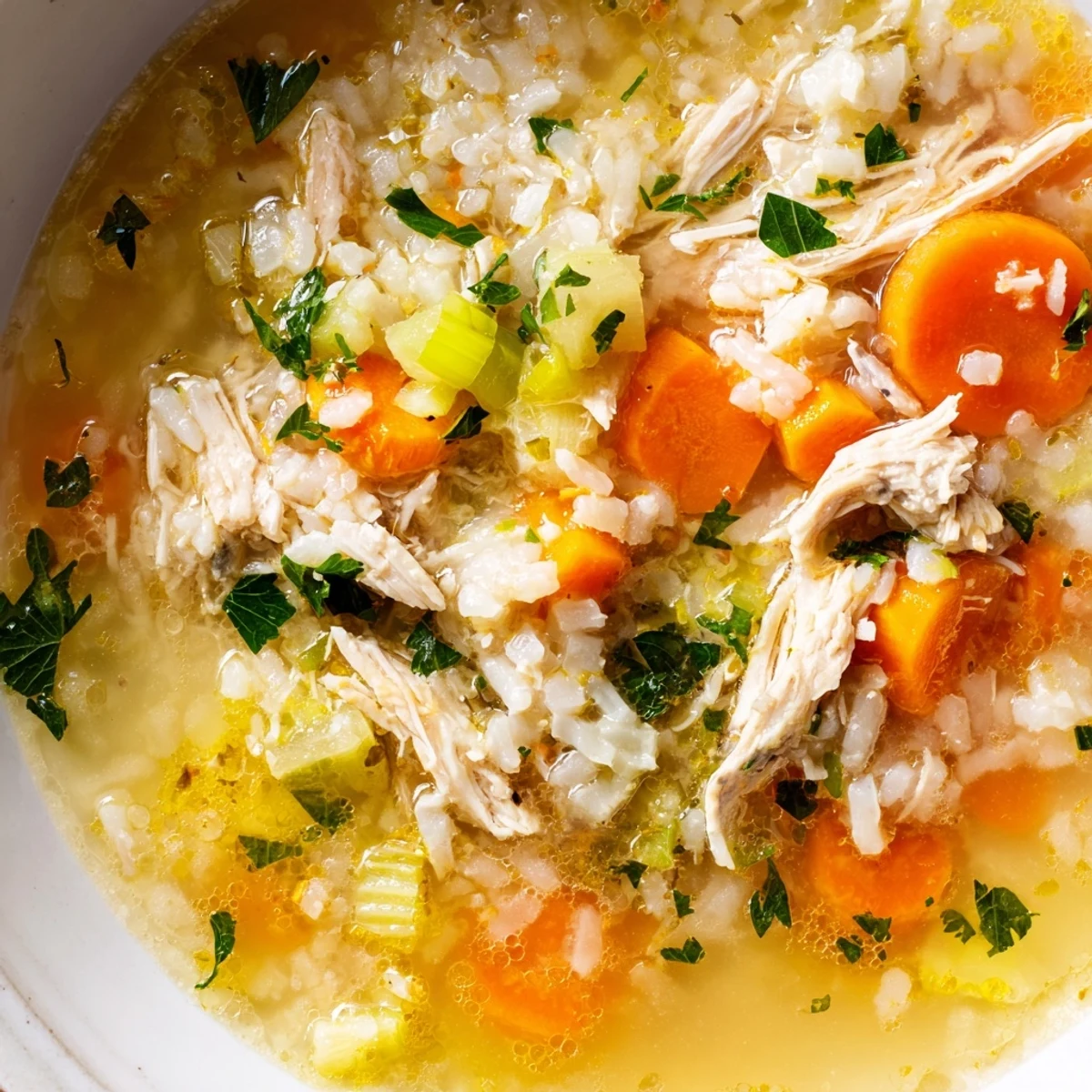 Steaming bowl of Crockpot Lemon Chicken Soup garnished with fresh parsley and lemon slices