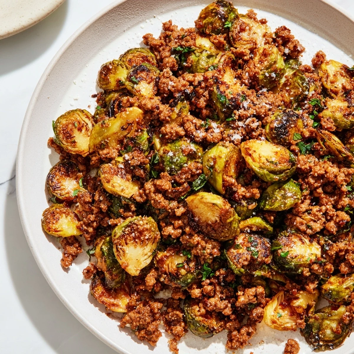 Savory ground beef and Brussels sprouts sizzling in a cast iron skillet with caramelized edges