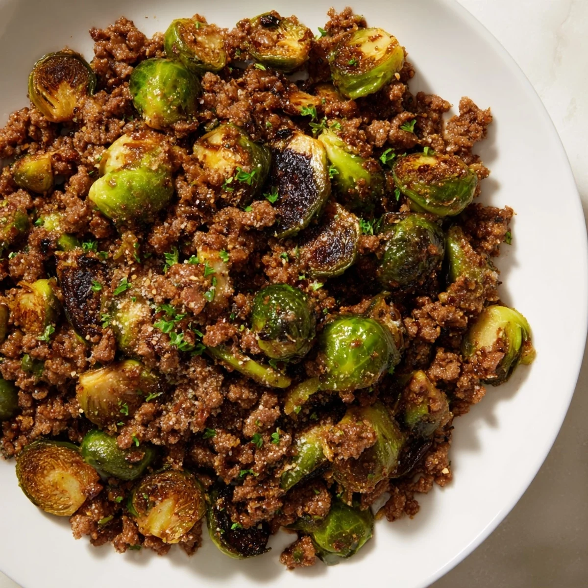 Tender Brussels sprouts with seasoned ground beef in a rich bronze glaze ready to serve