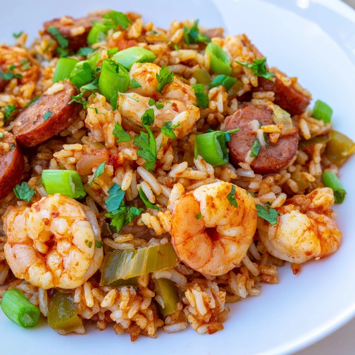 Golden shrimp and sausage dirty rice topped with fresh green onion garnish in cast iron skillet