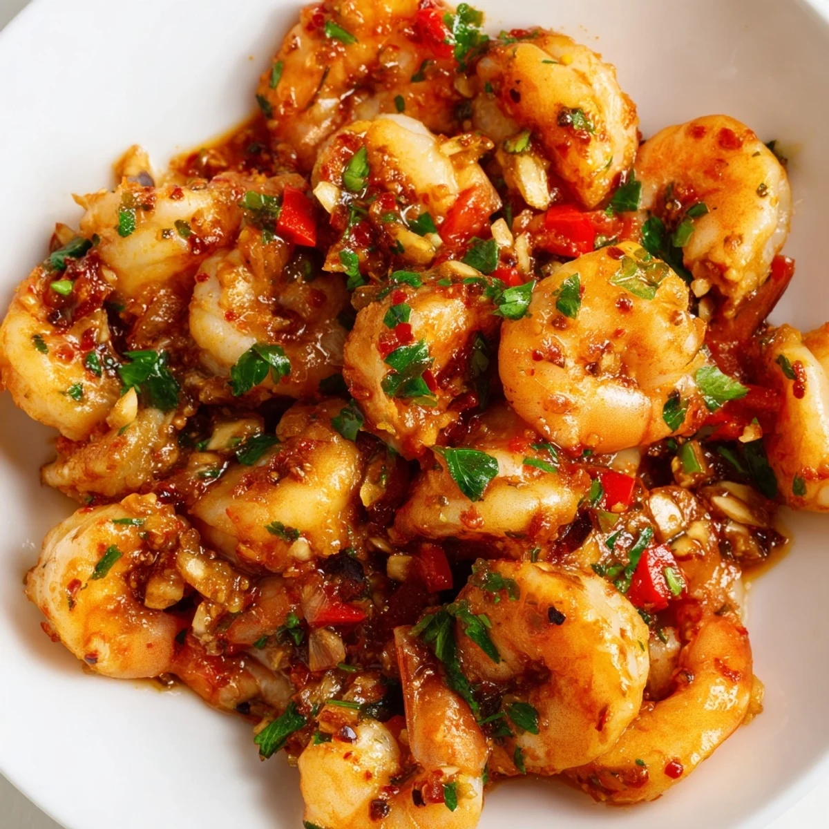 Succulent pink shrimp in garlic paprika skillet sauce served with bright lemon wedges