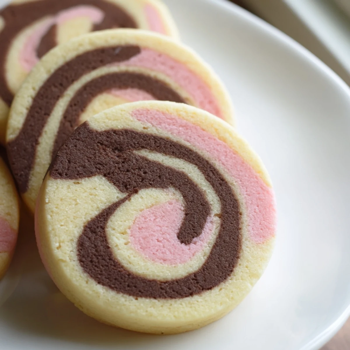 Neapolitan Swirl Cookies showing tri-colored chocolate, vanilla, and strawberry spirals on a white plate