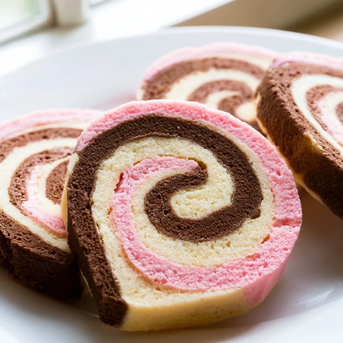 Soft Neapolitan Swirl Cookies with distinct pink, brown, and cream spiral layers arranged on parchment