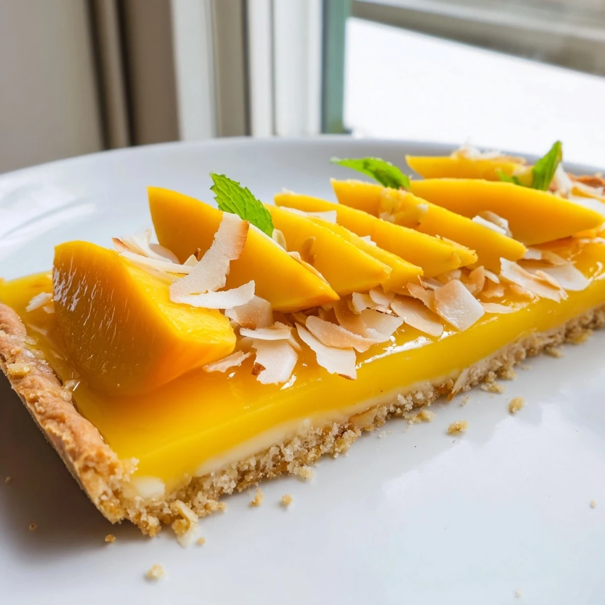Golden mango curd tart with fresh mango slices on a buttery crisp crust