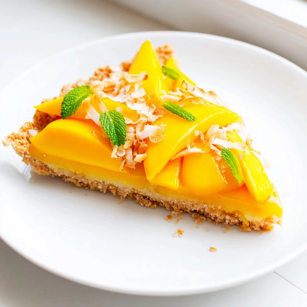 Silky mango curd tart topped with toasted coconut flakes and mint