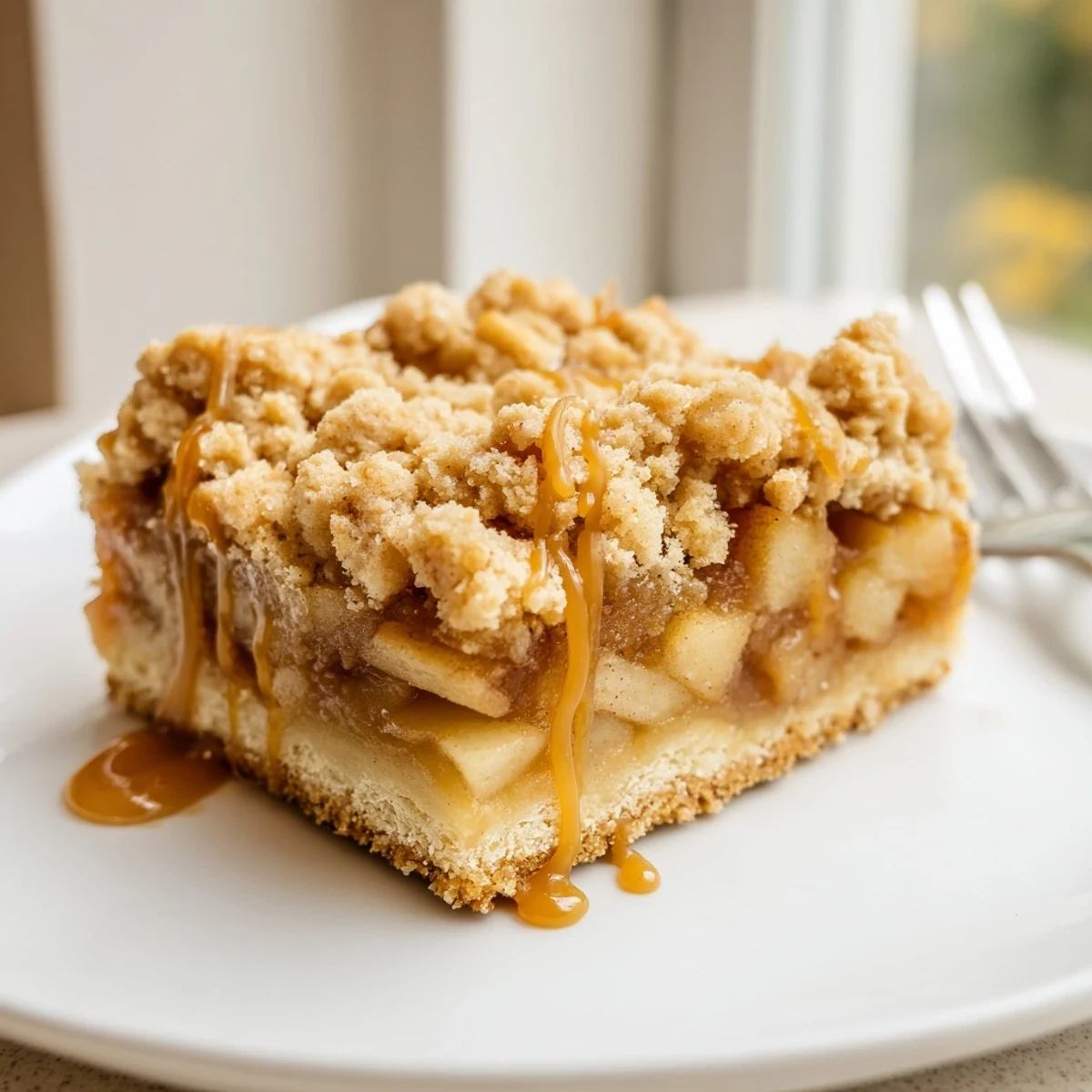 Golden caramel apple crumb bars with gooey filling and buttery streusel topping on a rustic plate