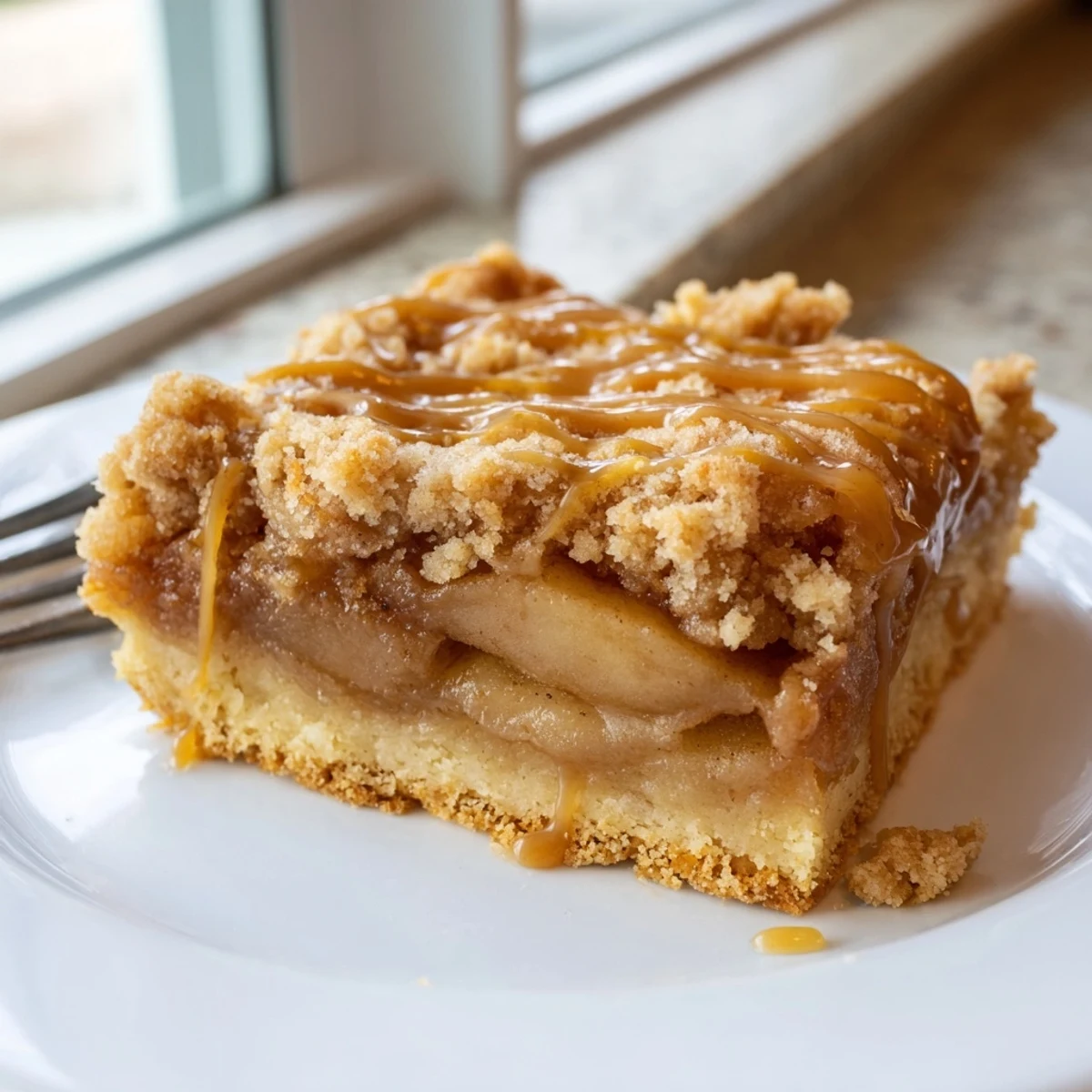 Homemade caramel apple crumb bars drizzled with extra sauce on a wire cooling rack