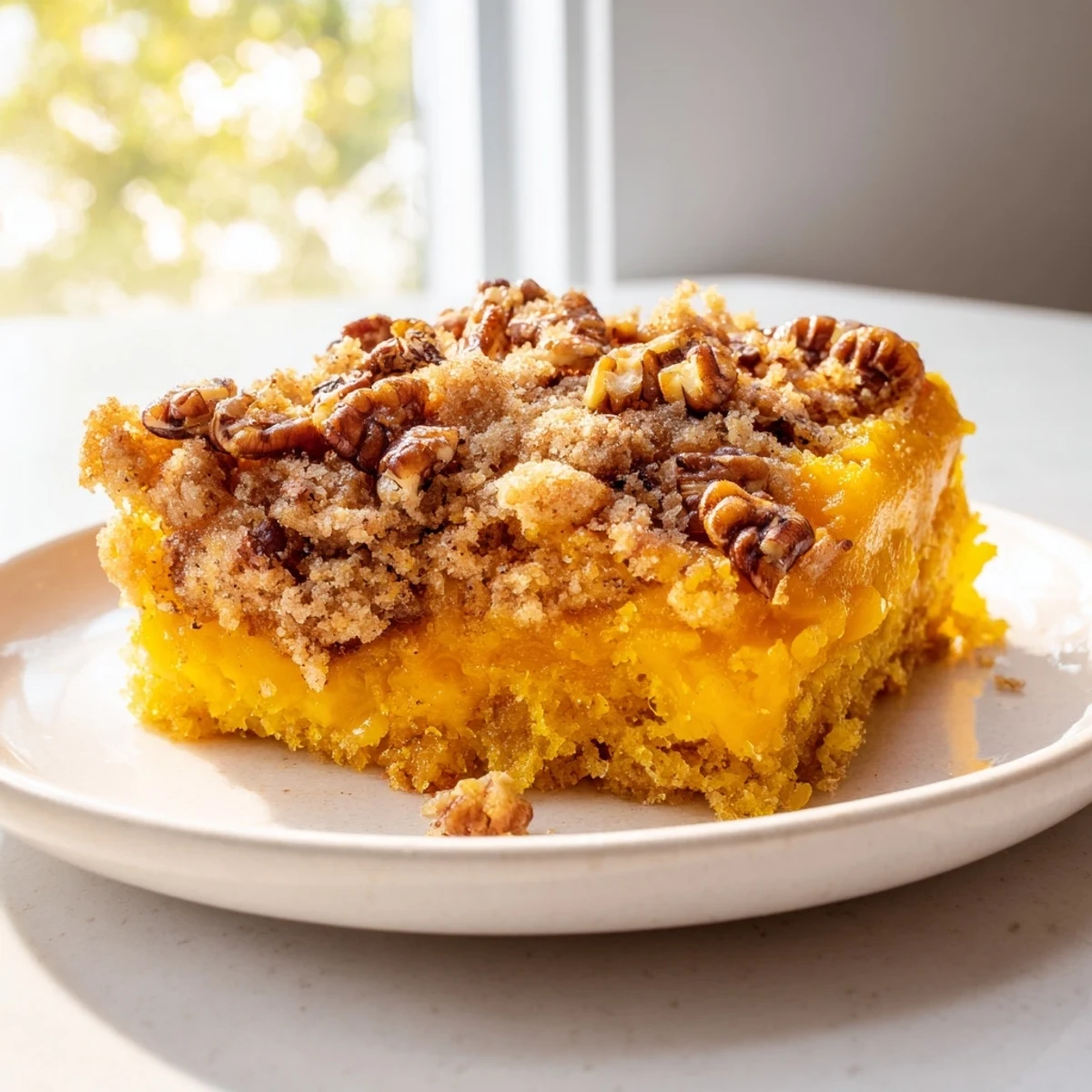 Golden pumpkin dump cake with spiced filling and buttery pecan topping fresh from oven