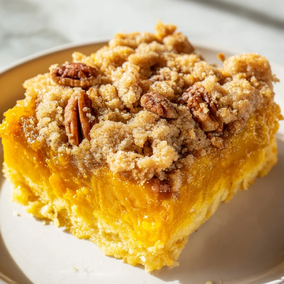 Warm pumpkin dump cake scooped into a bowl topped with vanilla ice cream