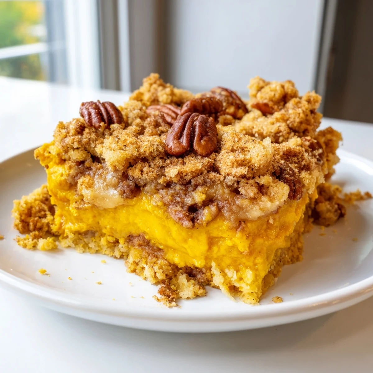 Creamy spiced pumpkin dump cake with a crunchy golden crust served on porcelain plate