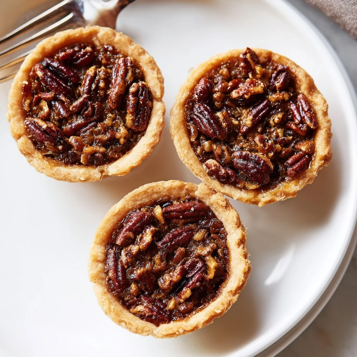 Golden mini pecan pies with gooey caramel filling nestled in flaky butter crusts