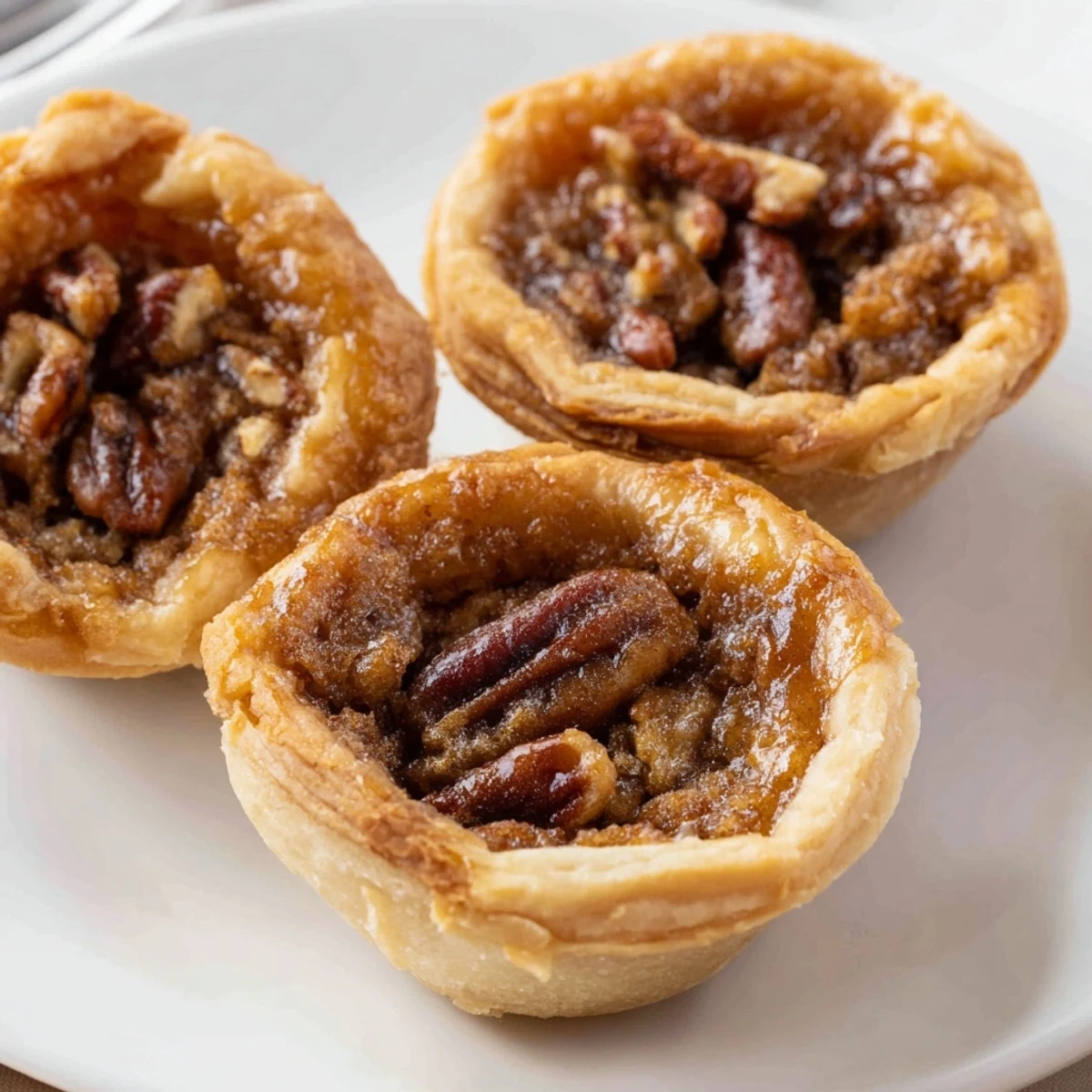Bite-sized mini pecan pies topped with toasted nuts on a rustic baking sheet