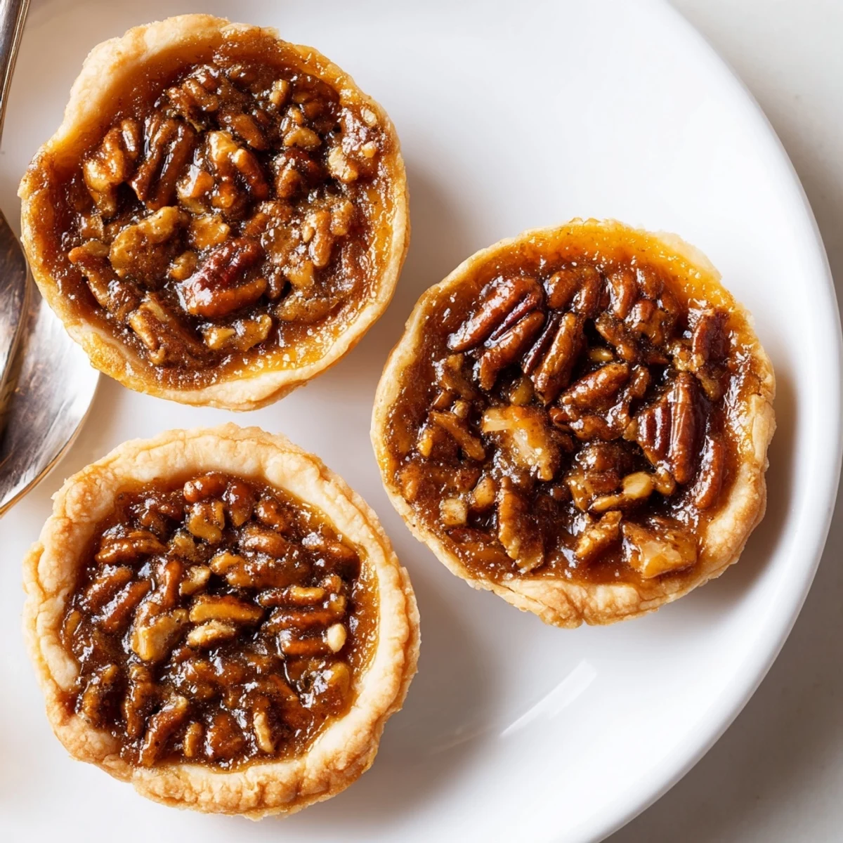 Warm mini pecan pies drizzled with whipped cream on a festive holiday platter