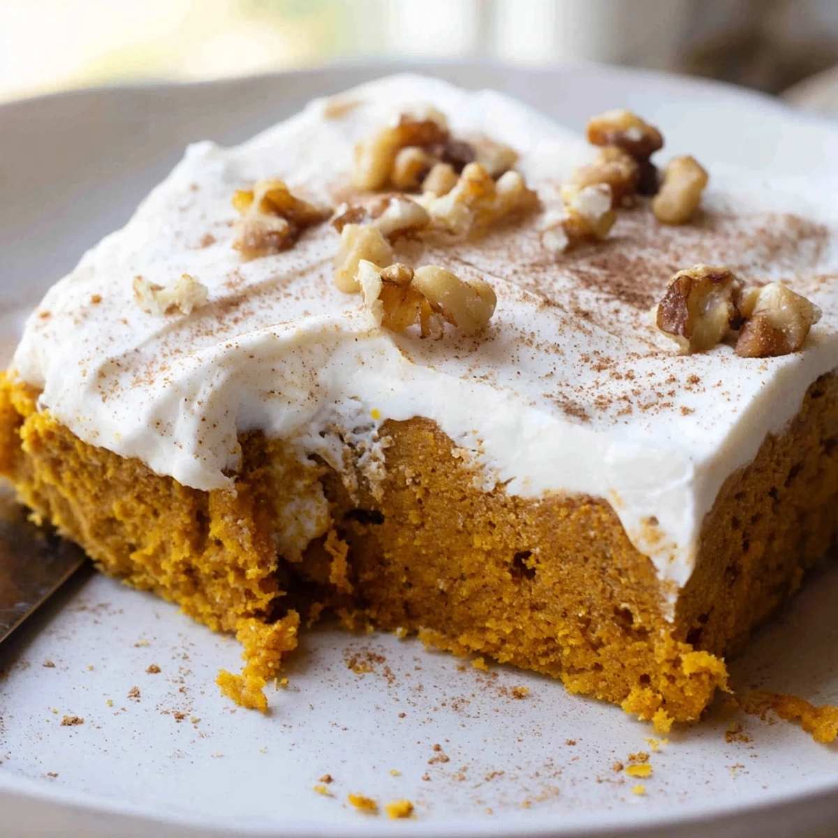 Rich pumpkin bars with cream cheese frosting dusted with nutmeg on a rustic plate