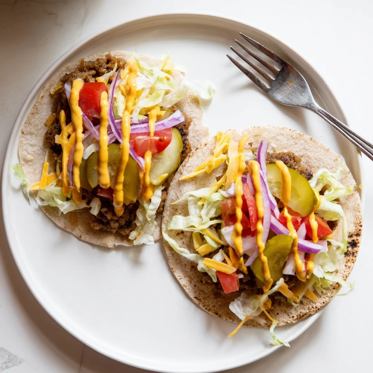 Golden crispy smash burger tacos loaded with melted cheddar and fresh toppings