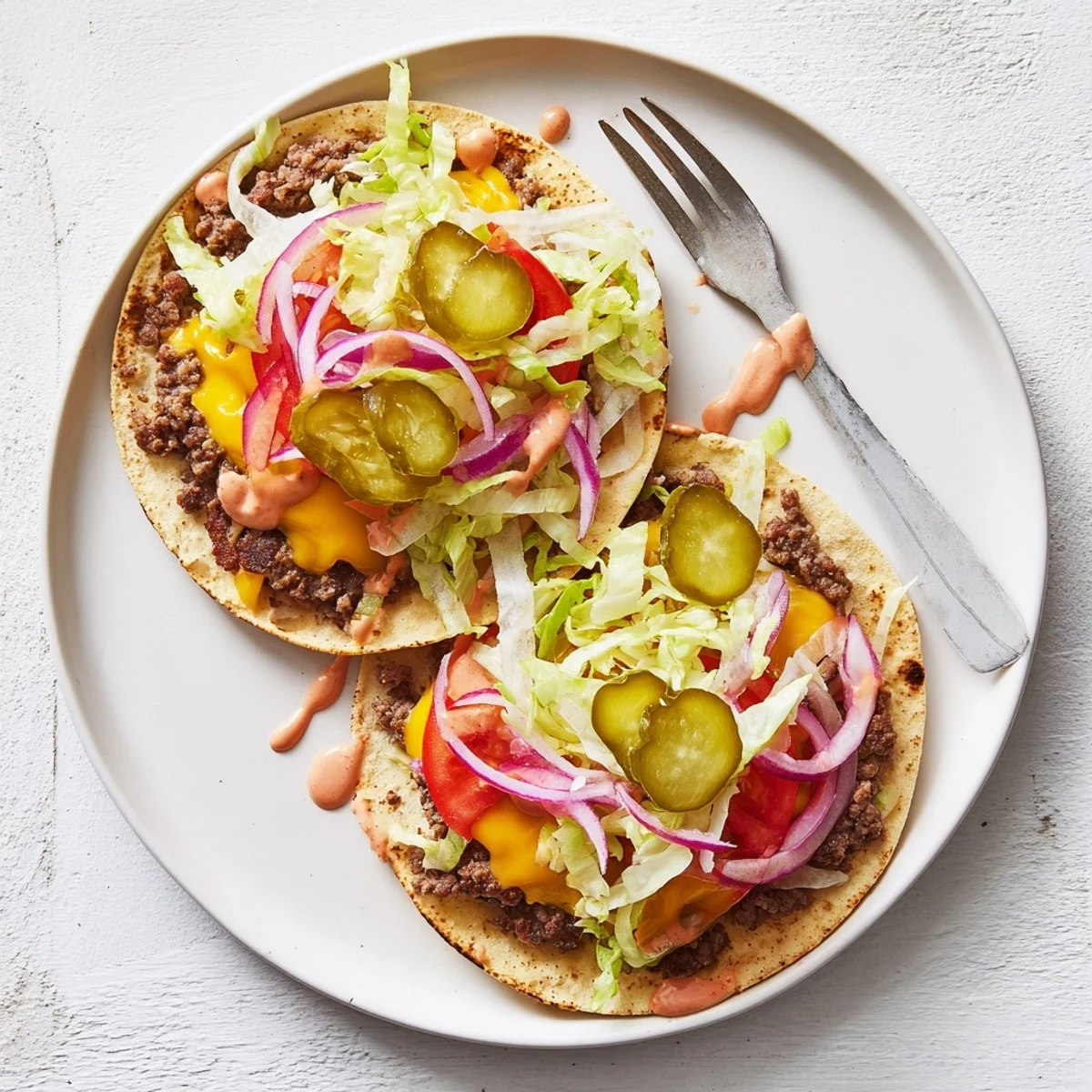 Crispy-edged smash burger tacos drizzled with creamy sauce and crunchy pickles