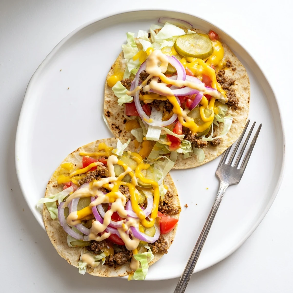 Juicy smashed beef tucked inside warm flour tortillas with tangy burger sauce
