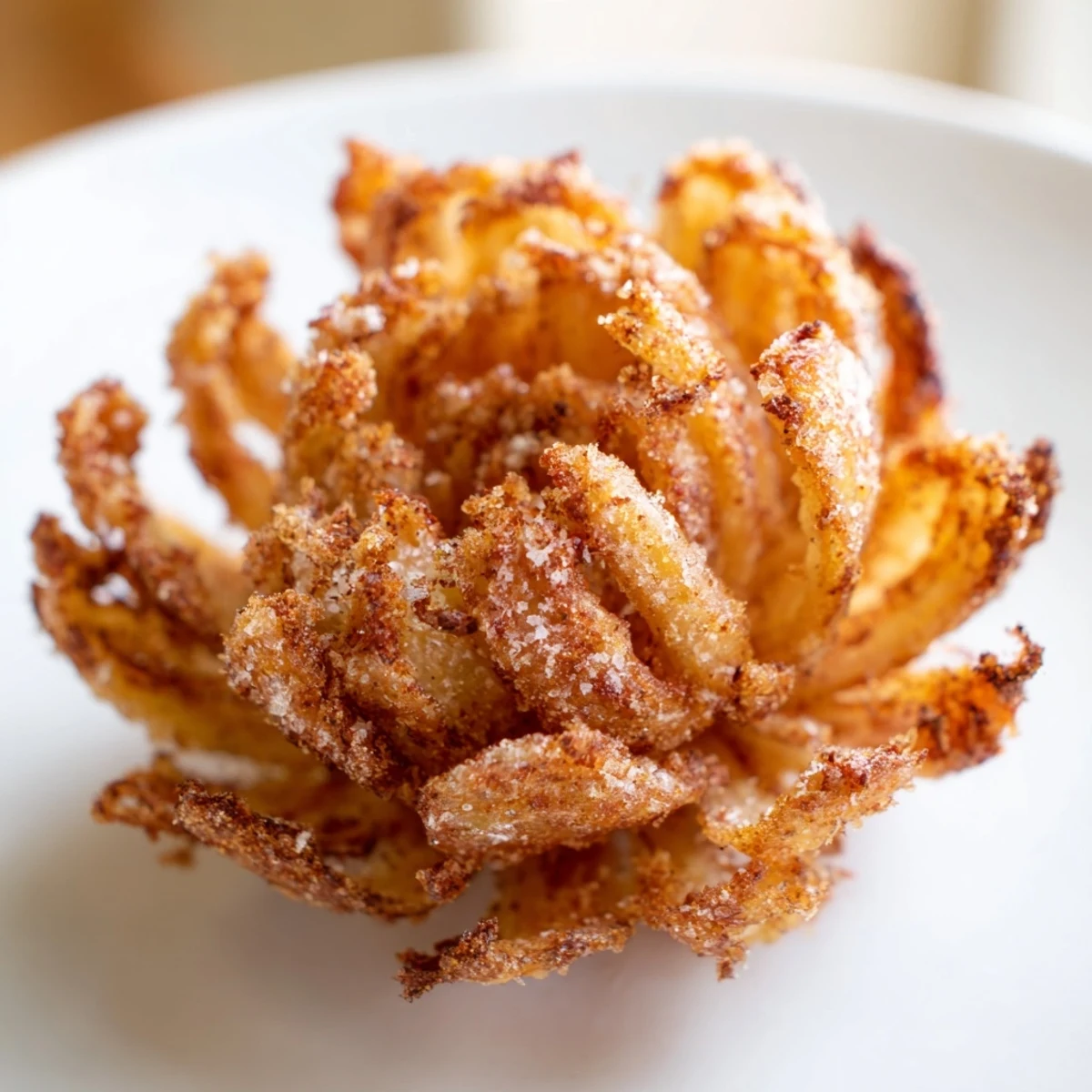 Deep-fried mini bloomin onions recipe with separated crunchy petals glistening under warm kitchen lighting