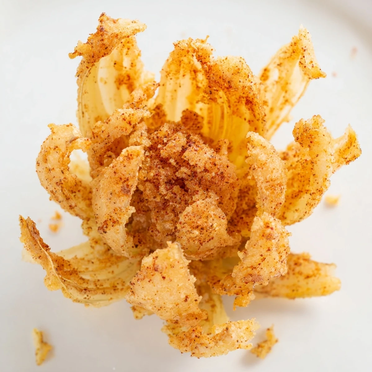 Golden crispy mini bloomin onions served with creamy horseradish dipping sauce on a white plate