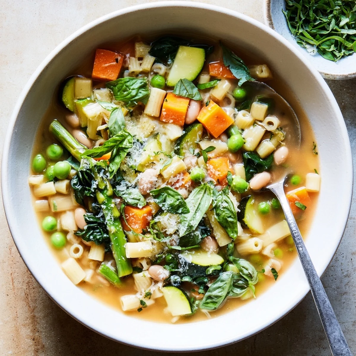 Spring minestrone soup ladled into a rustic bowl topped with grated Parmesan cheese