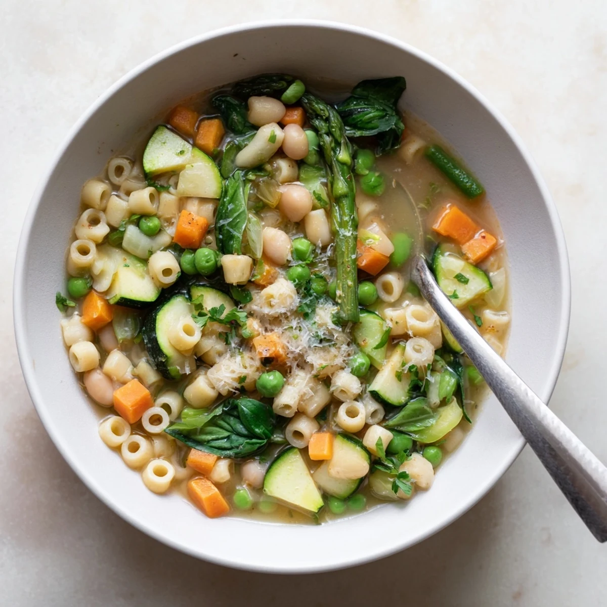 Steaming bowl of spring minestrone soup with tender pasta and bright green vegetables