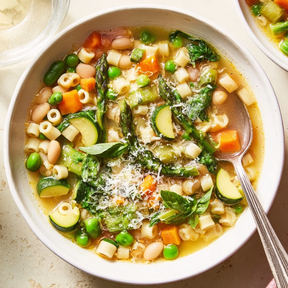 Colorful spring minestrone soup featuring diced carrots, asparagus, and fresh basil garnish