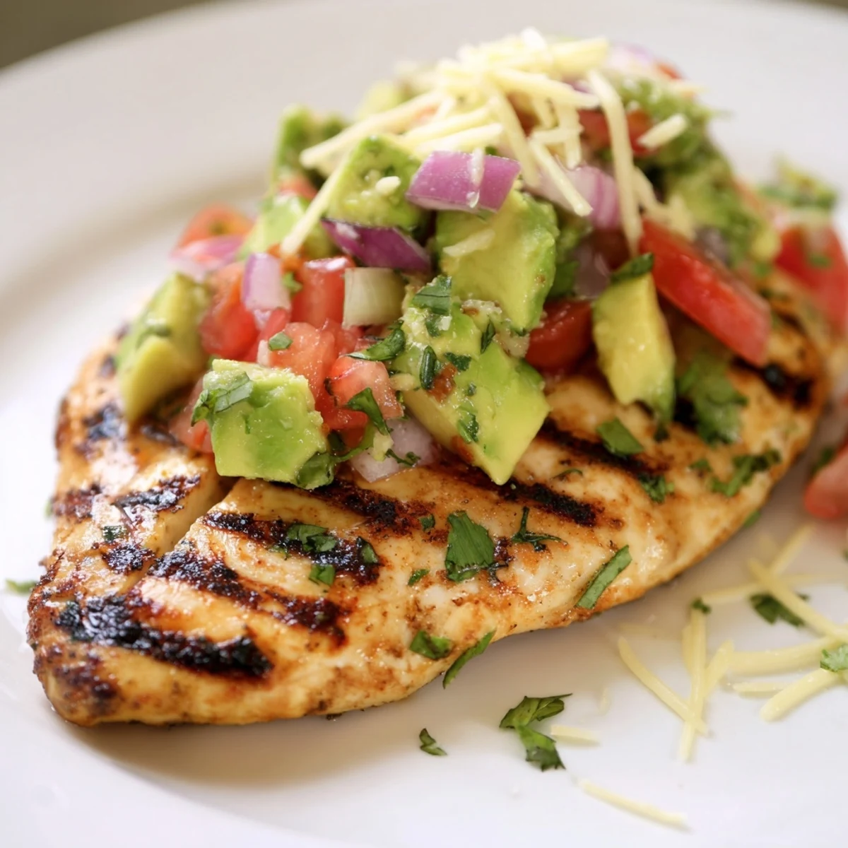 Sizzling grilled fiesta lime chicken with avocado served on a white plate