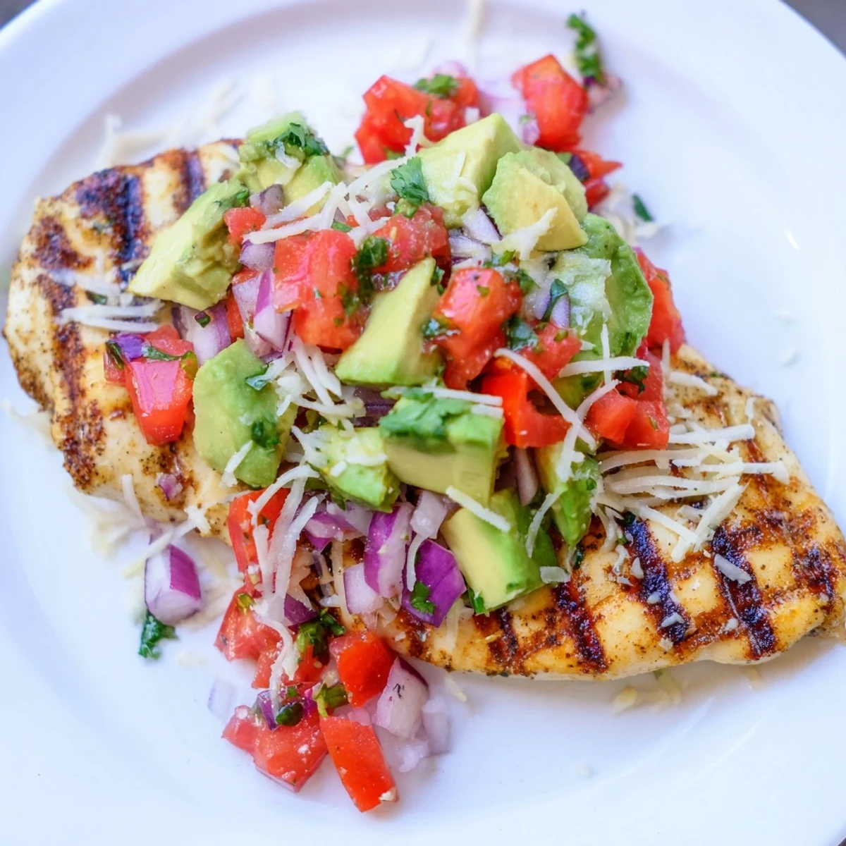 Golden seared fiesta lime chicken topped with creamy avocado and fresh cilantro