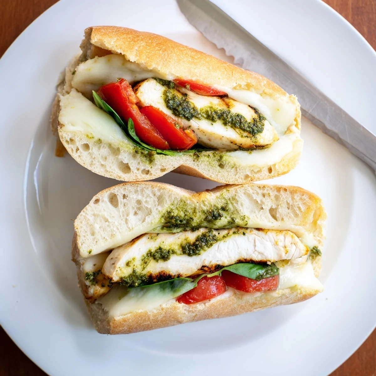 Grilled chicken pesto sandwich on toasted ciabatta with melted mozzarella and sliced tomato.