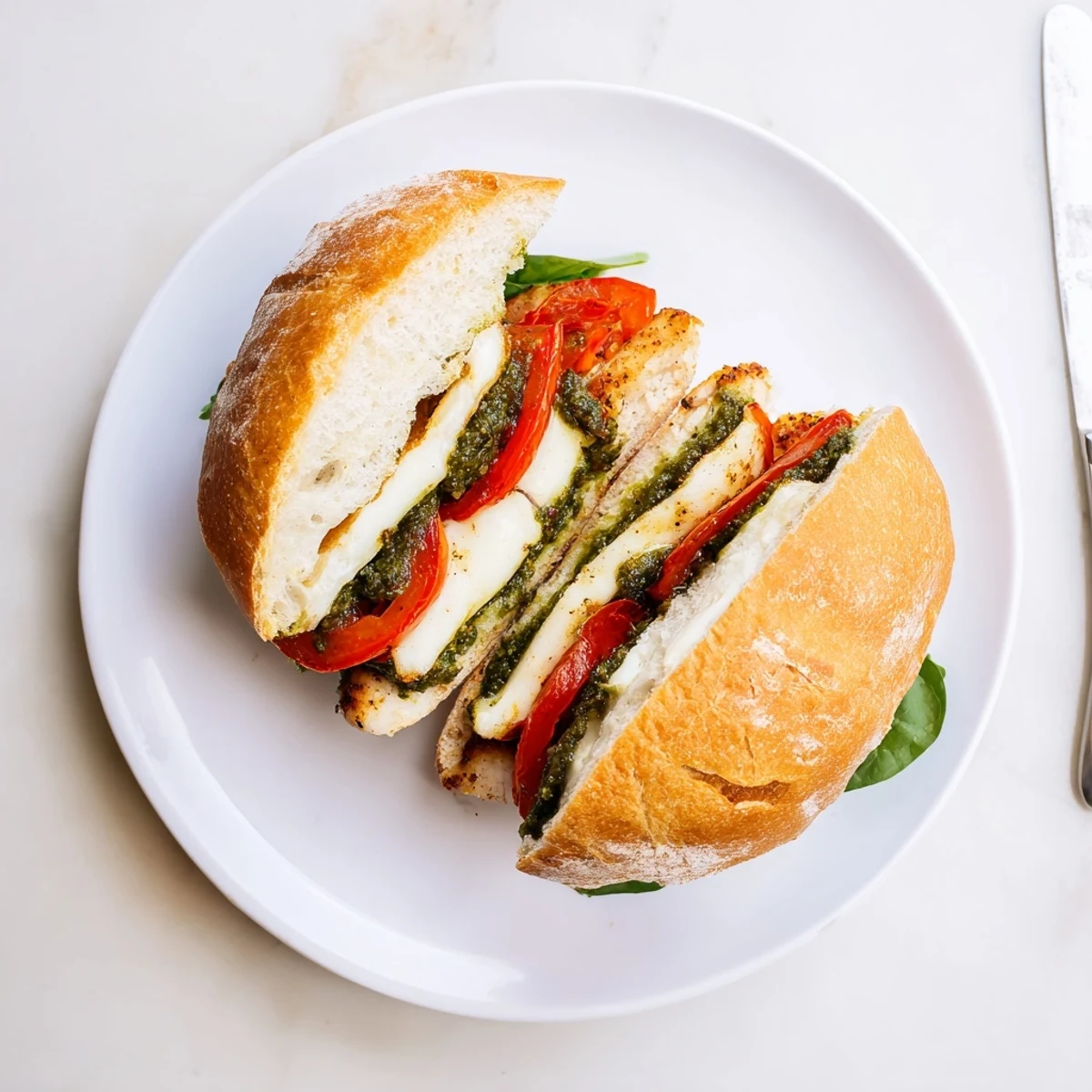Juicy grilled chicken pesto sandwich featuring gooey mozzarella, ripe tomato, and crisp arugula.